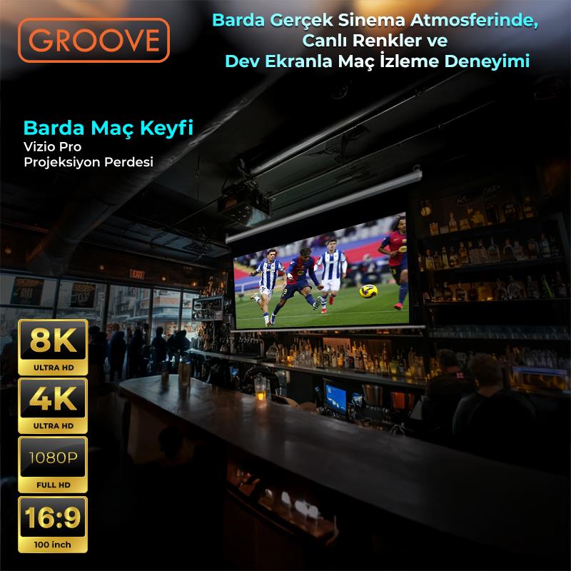 Groove Vizio Pro 100¨ Inch 220x125cm Blackout Işık Geçirmez Profesyonel Projeksiyon Perdesi +Canlı Renkler+Göz Koruması+Leke Tutmaz Projector