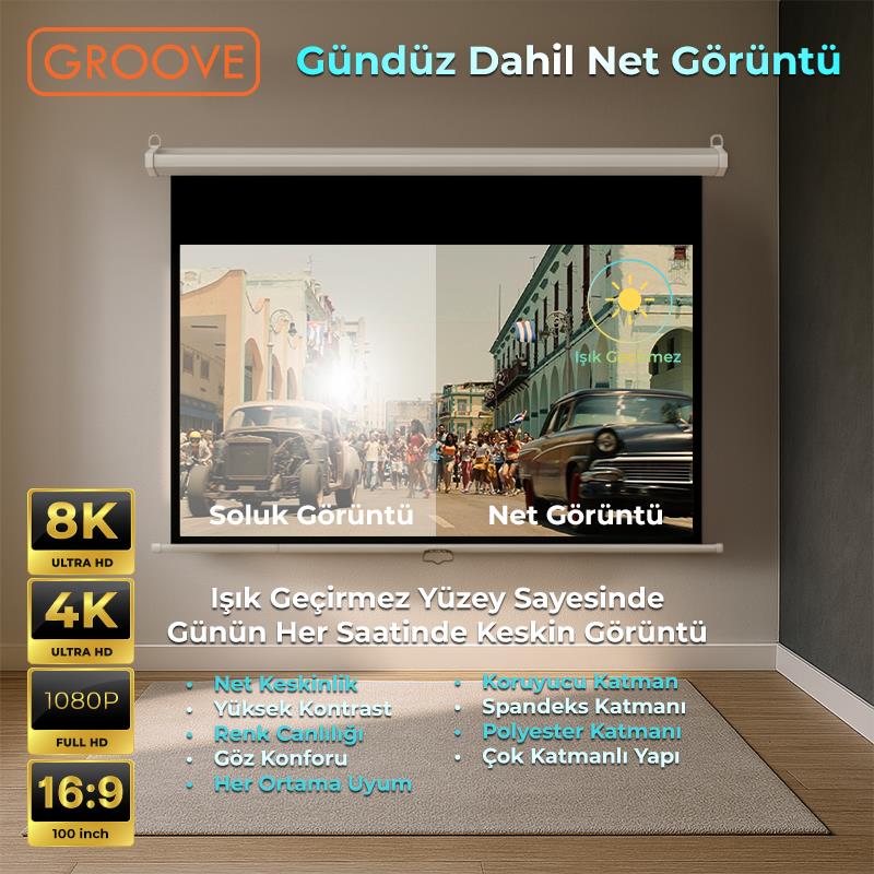 Groove Vizio Pro 100¨ Inch 220x125cm Blackout Işık Geçirmez Profesyonel Projeksiyon Perdesi +Canlı Renkler+Göz Koruması+Leke Tutmaz Projector