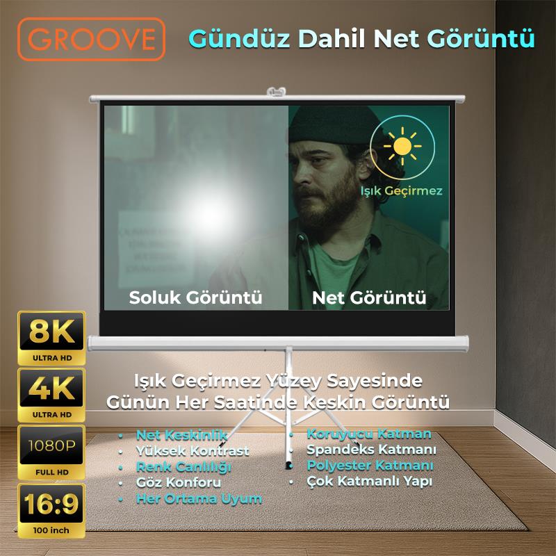 Groove Vizio Pro 100¨Inch 220x125cm Blackout Işık Geçirmez Tripod Ayaklı Projeksiyon Perdesi +Taşınabilir+Canlı Renkler+Göz Koruması+Leke Tutmaz Projector