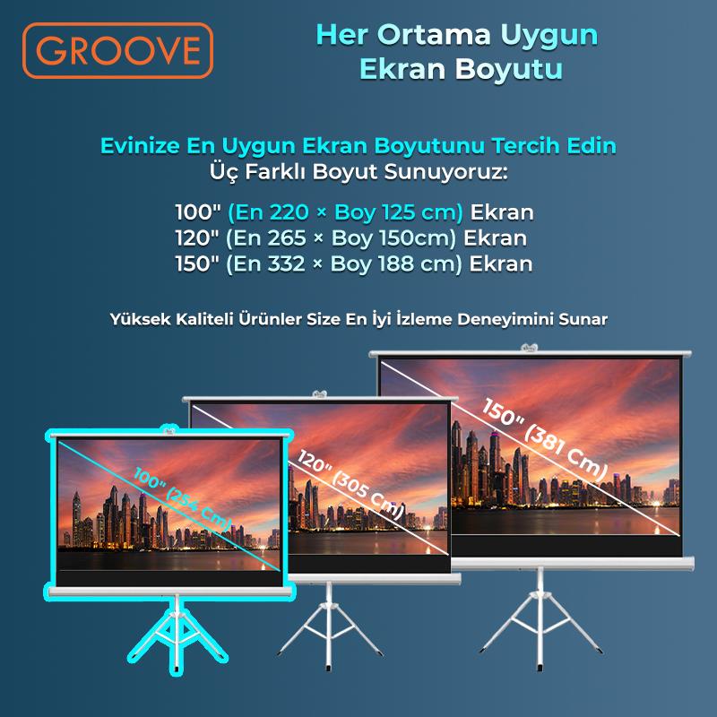 Groove Vizio Pro 100¨Inch 220x125cm Blackout Işık Geçirmez Tripod Ayaklı Projeksiyon Perdesi +Taşınabilir+Canlı Renkler+Göz Koruması+Leke Tutmaz Projector