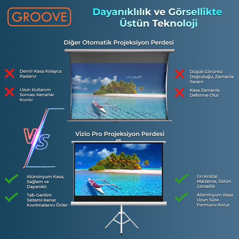 Groove Vizio Pro 100¨Inch 220x125cm Blackout Işık Geçirmez Tripod Ayaklı Projeksiyon Perdesi +Taşınabilir+Canlı Renkler+Göz Koruması+Leke Tutmaz Projector