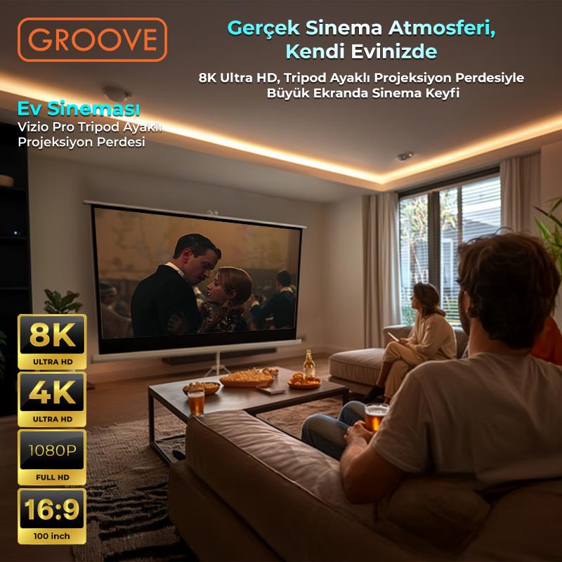 Groove Vizio Pro 100¨Inch 220x125cm Blackout Işık Geçirmez Tripod Ayaklı Projeksiyon Perdesi +Taşınabilir+Canlı Renkler+Göz Koruması+Leke Tutmaz Projector