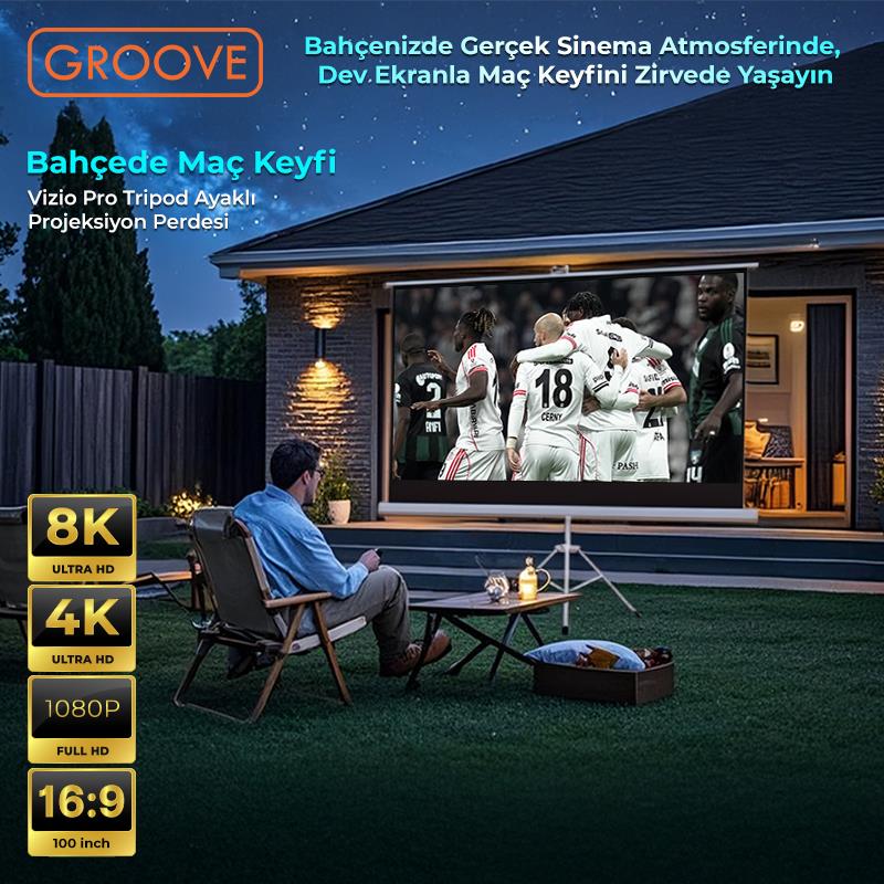 Groove Vizio Pro 100¨Inch 220x125cm Blackout Işık Geçirmez Tripod Ayaklı Projeksiyon Perdesi +Taşınabilir+Canlı Renkler+Göz Koruması+Leke Tutmaz Projector