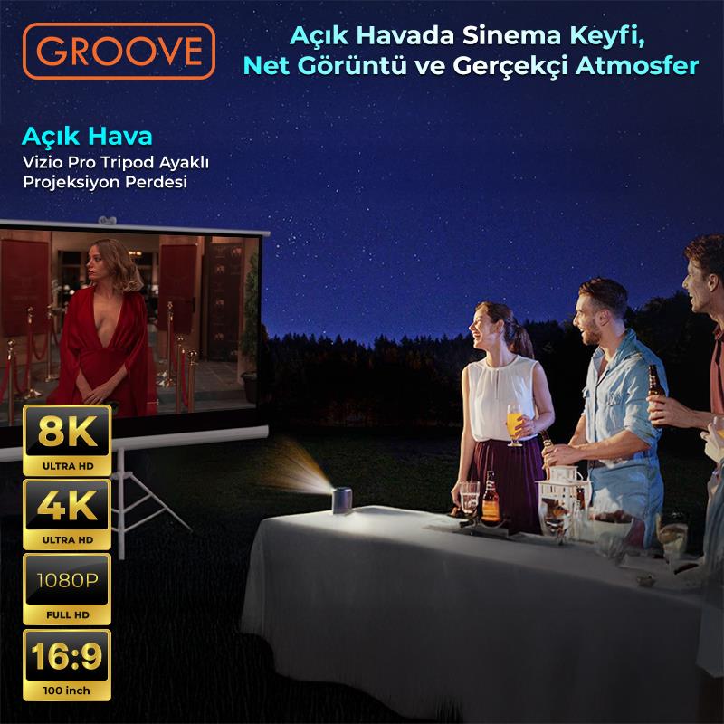 Groove Vizio Pro 100¨Inch 220x125cm Blackout Işık Geçirmez Tripod Ayaklı Projeksiyon Perdesi +Taşınabilir+Canlı Renkler+Göz Koruması+Leke Tutmaz Projector