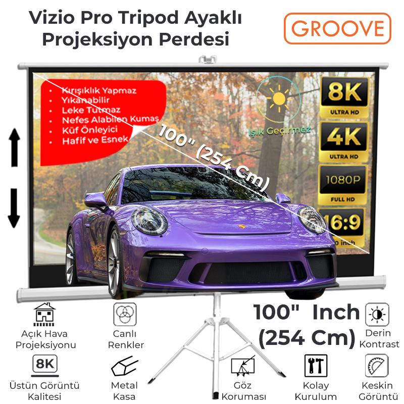 Groove Vizio Pro 100¨Inch 220x125cm Blackout Işık Geçirmez Tripod Ayaklı Projeksiyon Perdesi +Taşınabilir+Canlı Renkler+Göz Koruması+Leke Tutmaz Projector