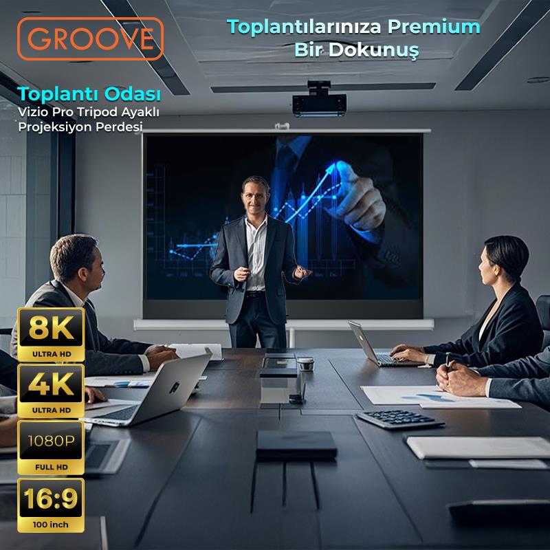 Groove Vizio Pro 100¨Inch 220x125cm Blackout Işık Geçirmez Tripod Ayaklı Projeksiyon Perdesi +Taşınabilir+Canlı Renkler+Göz Koruması+Leke Tutmaz Projector