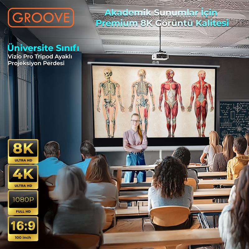 Groove Vizio Pro 100¨Inch 220x125cm Blackout Işık Geçirmez Tripod Ayaklı Projeksiyon Perdesi +Taşınabilir+Canlı Renkler+Göz Koruması+Leke Tutmaz Projector