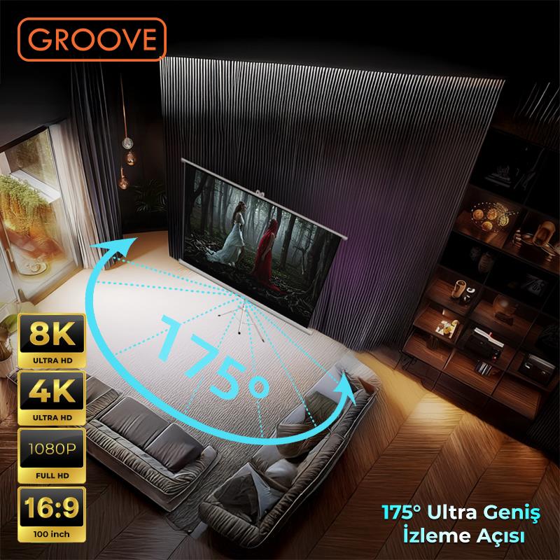 Groove Vizio Pro 100¨Inch 220x125cm Blackout Işık Geçirmez Tripod Ayaklı Projeksiyon Perdesi +Taşınabilir+Canlı Renkler+Göz Koruması+Leke Tutmaz Projector