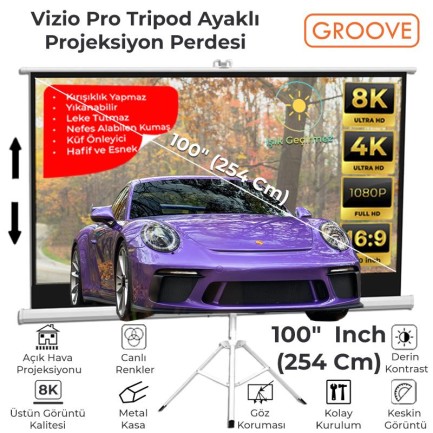 GROOVE - Groove Vizio Pro 100¨Inch 220x125cm Blackout Işık Geçirmez Tripod Ayaklı Projeksiyon Perdesi +Taşınabilir+Canlı Renkler+Göz Koruması+Leke Tutmaz Projector