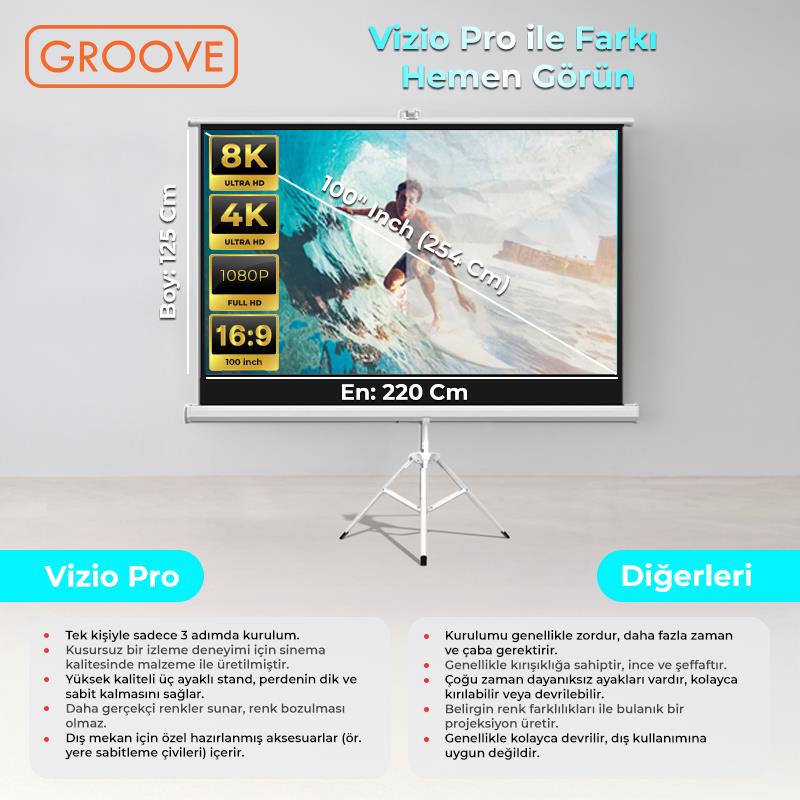 Groove Vizio Pro 100¨Inch 220x125cm Blackout Işık Geçirmez Tripod Ayaklı Projeksiyon Perdesi +Taşınabilir+Canlı Renkler+Göz Koruması+Leke Tutmaz Projector