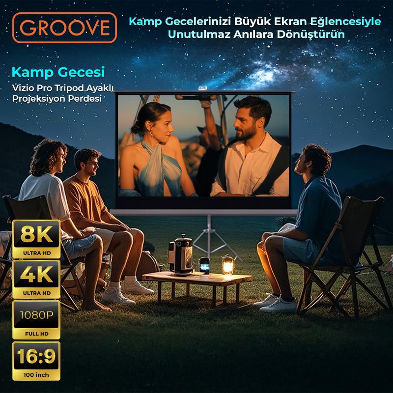 Groove Vizio Pro 100¨Inch 220x125cm Blackout Işık Geçirmez Tripod Ayaklı Projeksiyon Perdesi +Taşınabilir+Canlı Renkler+Göz Koruması+Leke Tutmaz Projector