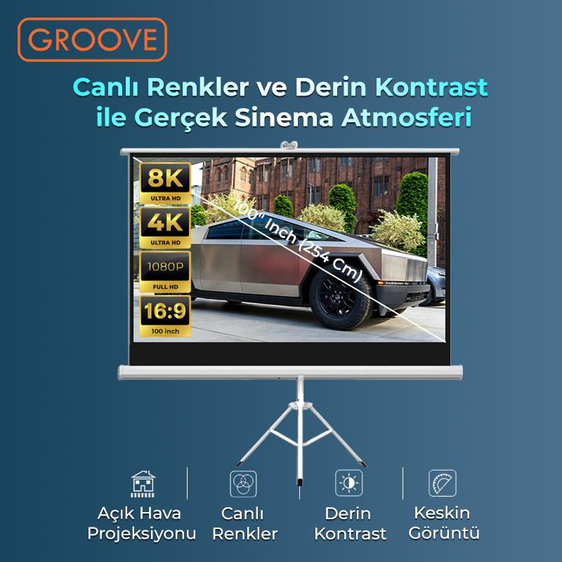 Groove Vizio Pro 100¨Inch 220x125cm Blackout Işık Geçirmez Tripod Ayaklı Projeksiyon Perdesi +Taşınabilir+Canlı Renkler+Göz Koruması+Leke Tutmaz Projector