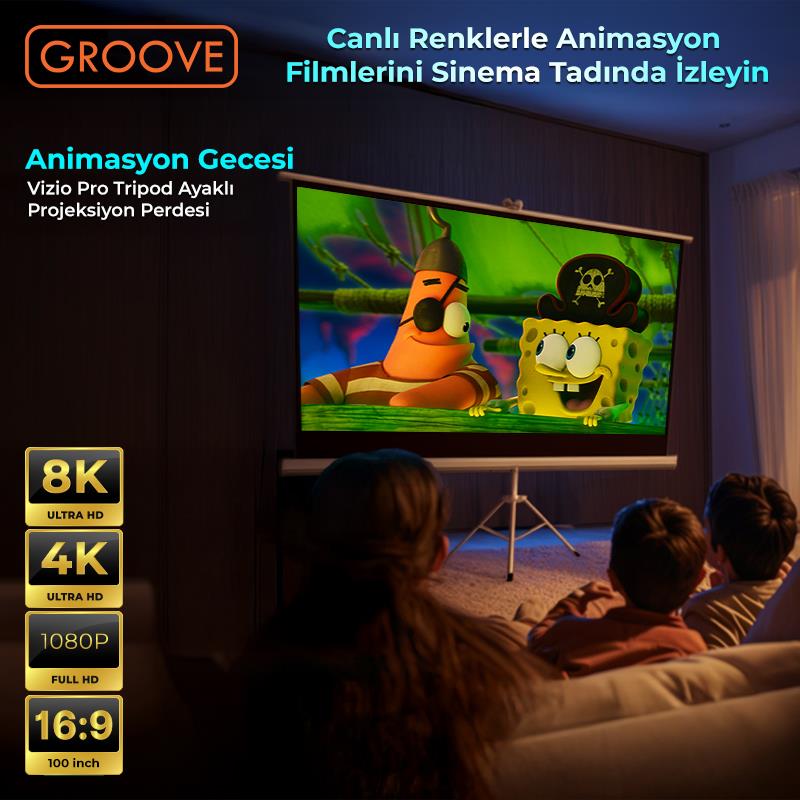 Groove Vizio Pro 100¨Inch 220x125cm Blackout Işık Geçirmez Tripod Ayaklı Projeksiyon Perdesi +Taşınabilir+Canlı Renkler+Göz Koruması+Leke Tutmaz Projector