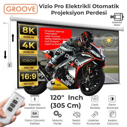 GROOVE - Groove Vizio Pro 120¨ Inch Blackout Işık Geçirmez Elektrikli Otomatik Kumandalı Projeksiyon Perdesi 265x150cm +Motorlu+Canlı Renkler+Göz Koruması+Leke Tutmaz Projector