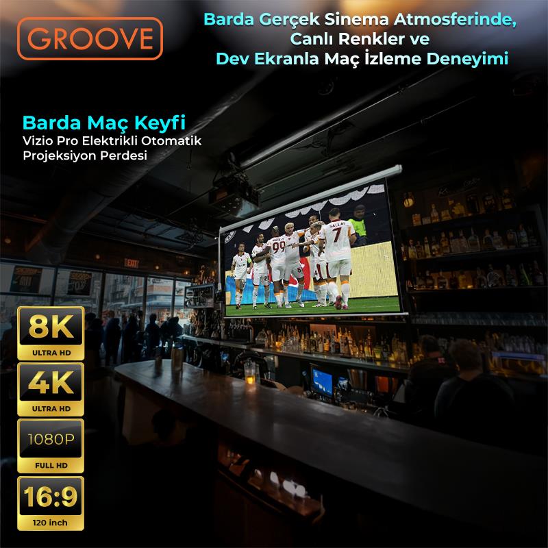Groove Vizio Pro 120¨ Inch Blackout Işık Geçirmez Elektrikli Otomatik Kumandalı Projeksiyon Perdesi 265x150cm +Motorlu+Canlı Renkler+Göz Koruması+Leke Tutmaz Projector