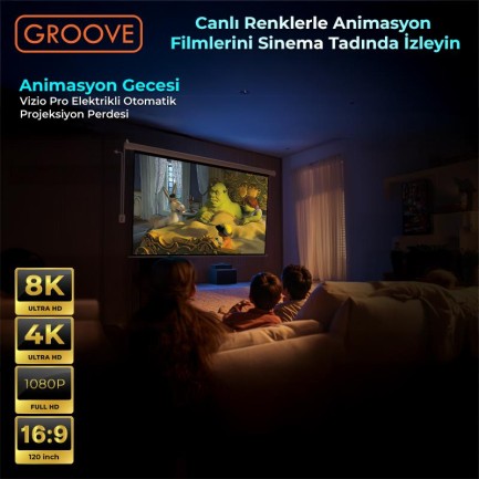 Groove Vizio Pro 120¨ Inch Blackout Işık Geçirmez Elektrikli Otomatik Kumandalı Projeksiyon Perdesi 265x150cm +Motorlu+Canlı Renkler+Göz Koruması+Leke Tutmaz Projector - Thumbnail