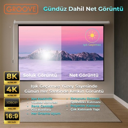 Groove Vizio Pro 120¨ Inch Blackout Işık Geçirmez Elektrikli Otomatik Kumandalı Projeksiyon Perdesi 265x150cm +Motorlu+Canlı Renkler+Göz Koruması+Leke Tutmaz Projector - Thumbnail
