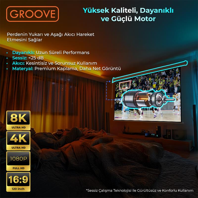 Groove Vizio Pro 120¨ Inch Blackout Işık Geçirmez Elektrikli Otomatik Kumandalı Projeksiyon Perdesi 265x150cm +Motorlu+Canlı Renkler+Göz Koruması+Leke Tutmaz Projector