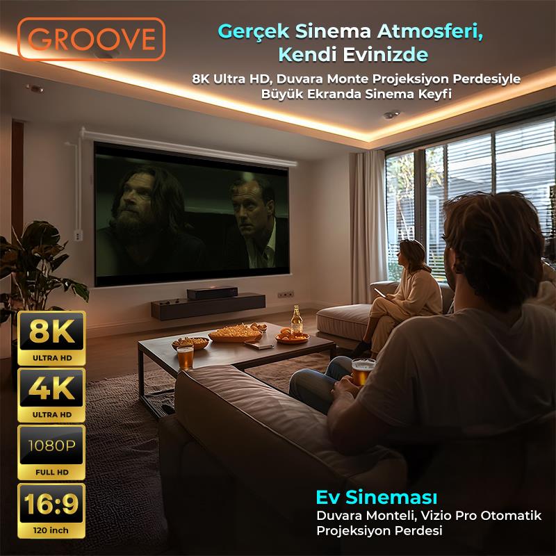 Groove Vizio Pro 120¨ Inch Blackout Işık Geçirmez Elektrikli Otomatik Kumandalı Projeksiyon Perdesi 265x150cm +Motorlu+Canlı Renkler+Göz Koruması+Leke Tutmaz Projector
