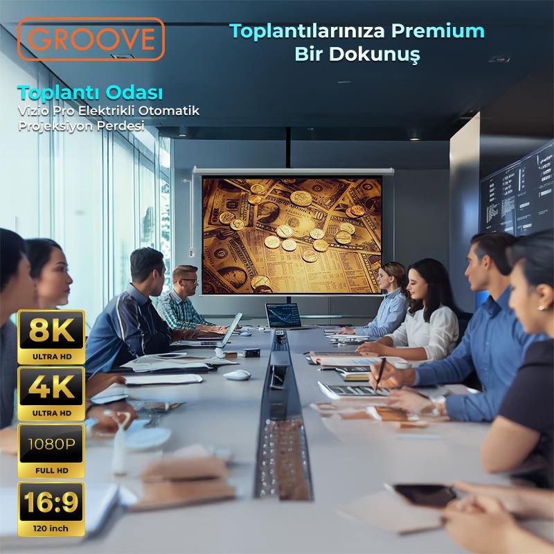 Groove Vizio Pro 120¨ Inch Blackout Işık Geçirmez Elektrikli Otomatik Kumandalı Projeksiyon Perdesi 265x150cm +Motorlu+Canlı Renkler+Göz Koruması+Leke Tutmaz Projector