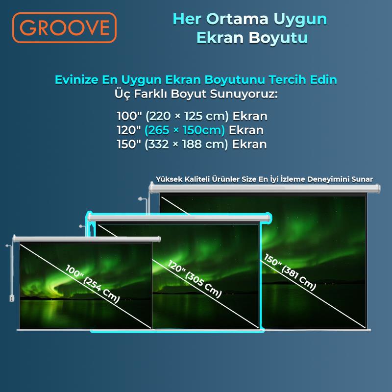Groove Vizio Pro 120¨ Inch Blackout Işık Geçirmez Elektrikli Otomatik Kumandalı Projeksiyon Perdesi 265x150cm +Motorlu+Canlı Renkler+Göz Koruması+Leke Tutmaz Projector