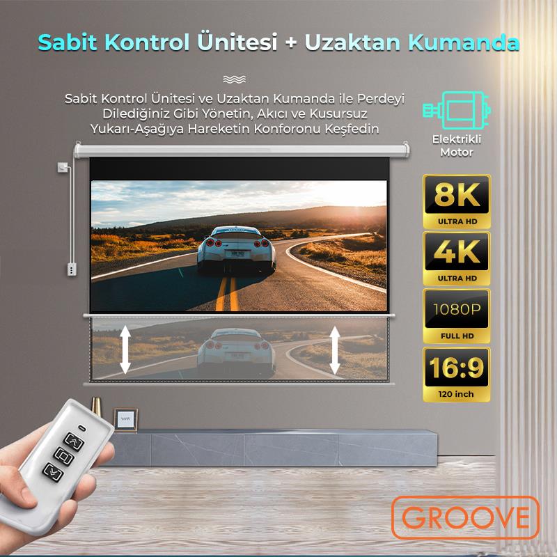 Groove Vizio Pro 120¨ Inch Blackout Işık Geçirmez Elektrikli Otomatik Kumandalı Projeksiyon Perdesi 265x150cm +Motorlu+Canlı Renkler+Göz Koruması+Leke Tutmaz Projector
