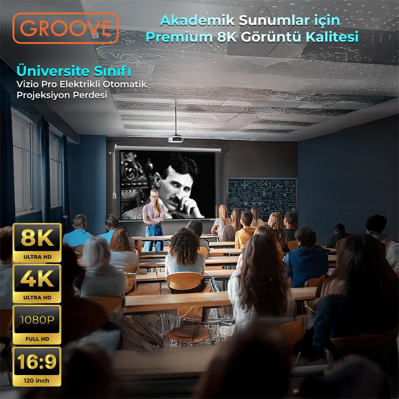 Groove Vizio Pro 120¨ Inch Blackout Işık Geçirmez Elektrikli Otomatik Kumandalı Projeksiyon Perdesi 265x150cm +Motorlu+Canlı Renkler+Göz Koruması+Leke Tutmaz Projector