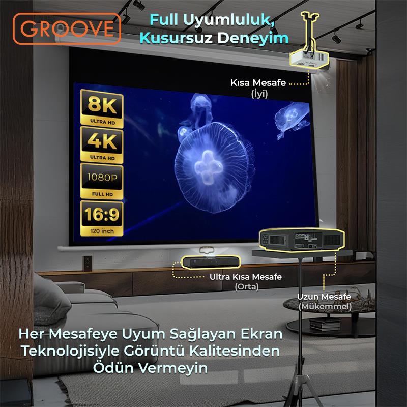 Groove Vizio Pro 120¨ Inch 265x150cm Blackout Işık Geçirmez Profesyonel Projeksiyon Perdesi +Canlı Renkler+Göz Koruması+Leke Tutmaz Projector