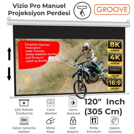 GROOVE - Groove Vizio Pro 120¨ Inch 265x150cm Blackout Işık Geçirmez Profesyonel Projeksiyon Perdesi +Canlı Renkler+Göz Koruması+Leke Tutmaz Projector
