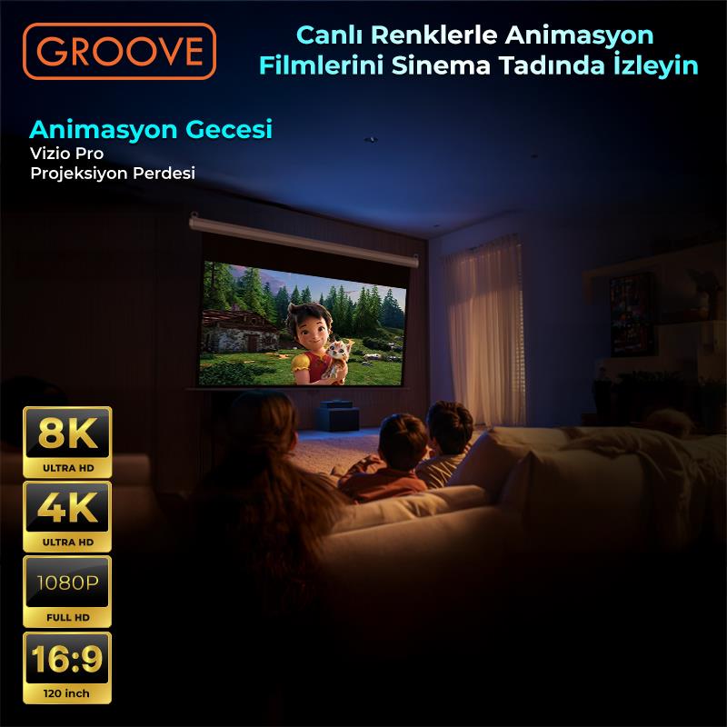 Groove Vizio Pro 120¨ Inch 265x150cm Blackout Işık Geçirmez Profesyonel Projeksiyon Perdesi +Canlı Renkler+Göz Koruması+Leke Tutmaz Projector