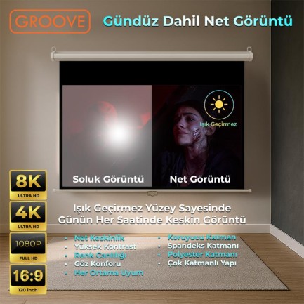 Groove Vizio Pro 120¨ Inch 265x150cm Blackout Işık Geçirmez Profesyonel Projeksiyon Perdesi +Canlı Renkler+Göz Koruması+Leke Tutmaz Projector - Thumbnail