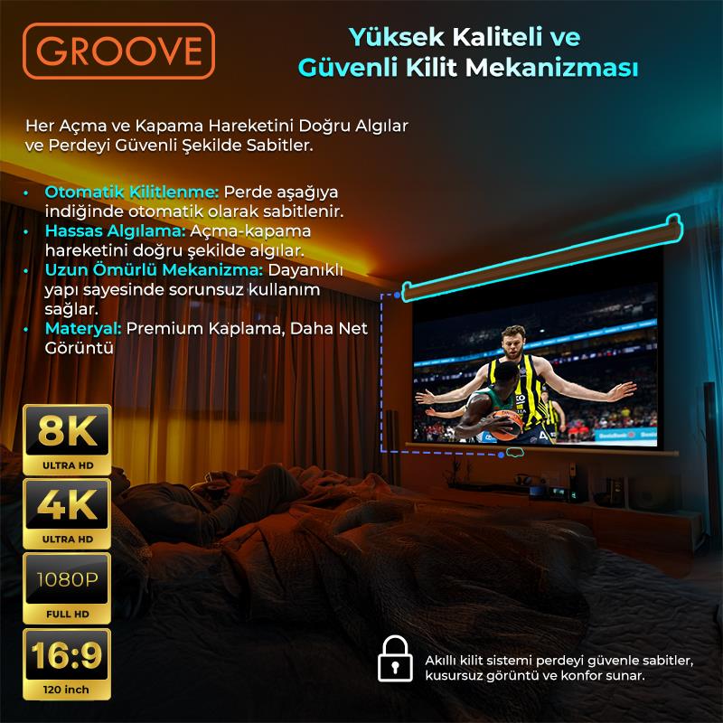 Groove Vizio Pro 120¨ Inch 265x150cm Blackout Işık Geçirmez Profesyonel Projeksiyon Perdesi +Canlı Renkler+Göz Koruması+Leke Tutmaz Projector