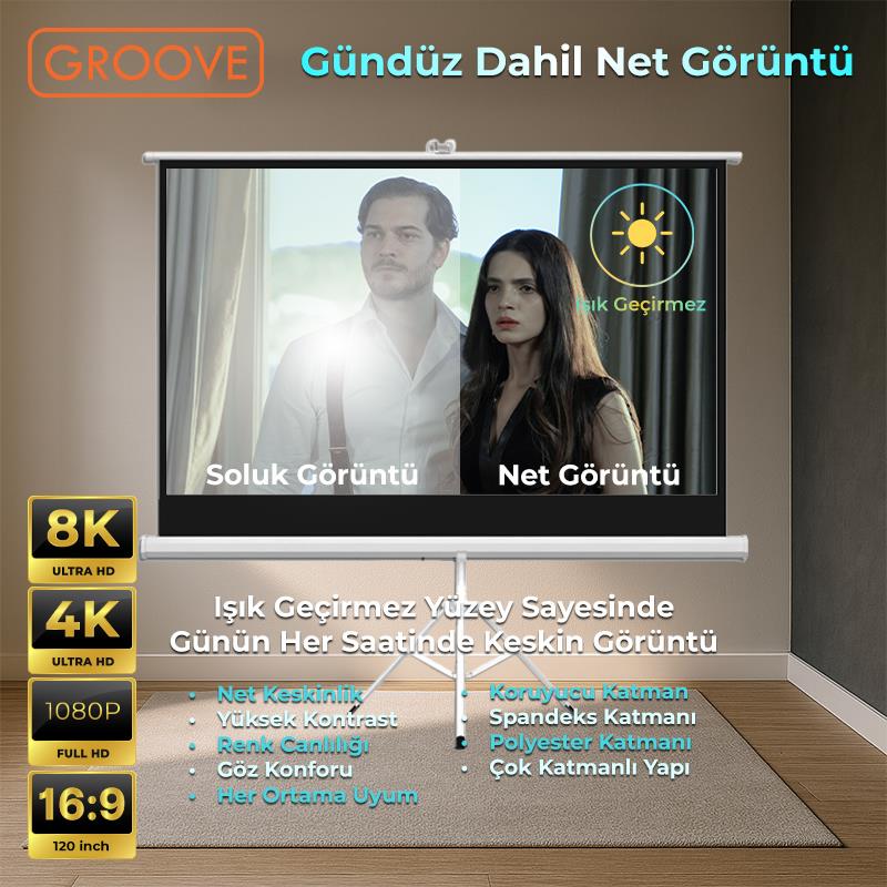 Groove Vizio Pro 120¨Inch 265x150cm Blackout Işık Geçirmez Tripod Ayaklı Projeksiyon Perdesi +Taşınabilir+Canlı Renkler+Göz Koruması+Leke Tutmaz Projector