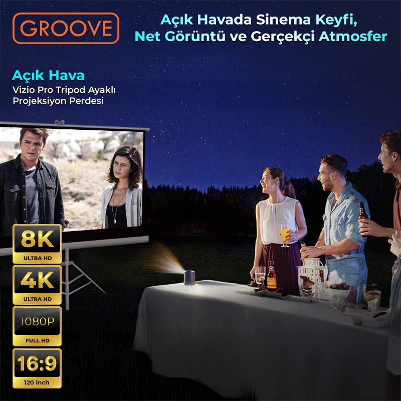 Groove Vizio Pro 120¨Inch 265x150cm Blackout Işık Geçirmez Tripod Ayaklı Projeksiyon Perdesi +Taşınabilir+Canlı Renkler+Göz Koruması+Leke Tutmaz Projector