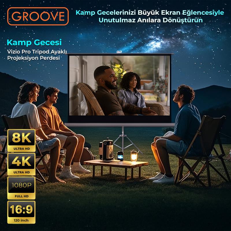 Groove Vizio Pro 120¨Inch 265x150cm Blackout Işık Geçirmez Tripod Ayaklı Projeksiyon Perdesi +Taşınabilir+Canlı Renkler+Göz Koruması+Leke Tutmaz Projector