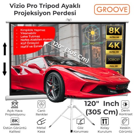 GROOVE - Groove Vizio Pro 120¨Inch 265x150cm Blackout Işık Geçirmez Tripod Ayaklı Projeksiyon Perdesi +Taşınabilir+Canlı Renkler+Göz Koruması+Leke Tutmaz Projector