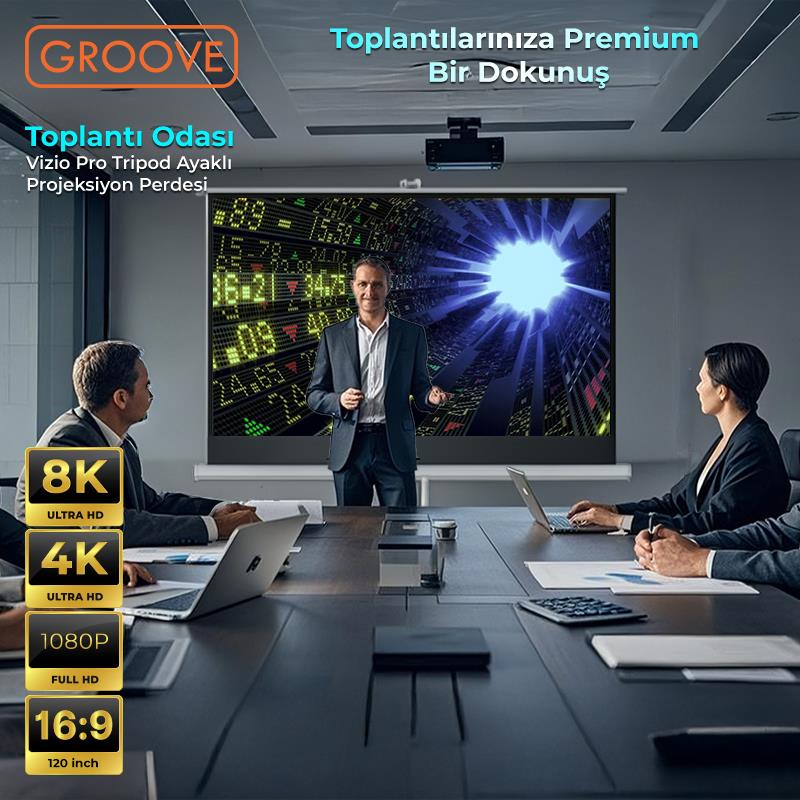 Groove Vizio Pro 120¨Inch 265x150cm Blackout Işık Geçirmez Tripod Ayaklı Projeksiyon Perdesi +Taşınabilir+Canlı Renkler+Göz Koruması+Leke Tutmaz Projector