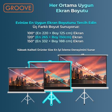 Groove Vizio Pro 120¨Inch 265x150cm Blackout Işık Geçirmez Tripod Ayaklı Projeksiyon Perdesi +Taşınabilir+Canlı Renkler+Göz Koruması+Leke Tutmaz Projector - Thumbnail