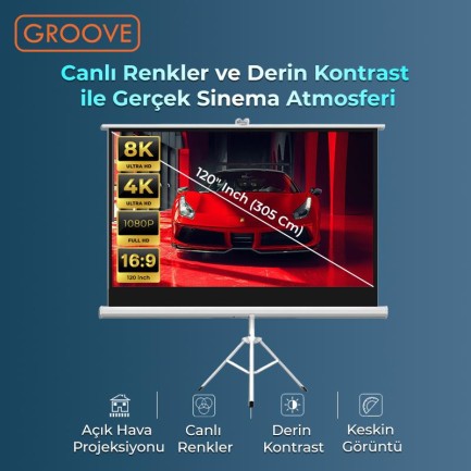Groove Vizio Pro 120¨Inch 265x150cm Blackout Işık Geçirmez Tripod Ayaklı Projeksiyon Perdesi +Taşınabilir+Canlı Renkler+Göz Koruması+Leke Tutmaz Projector - Thumbnail
