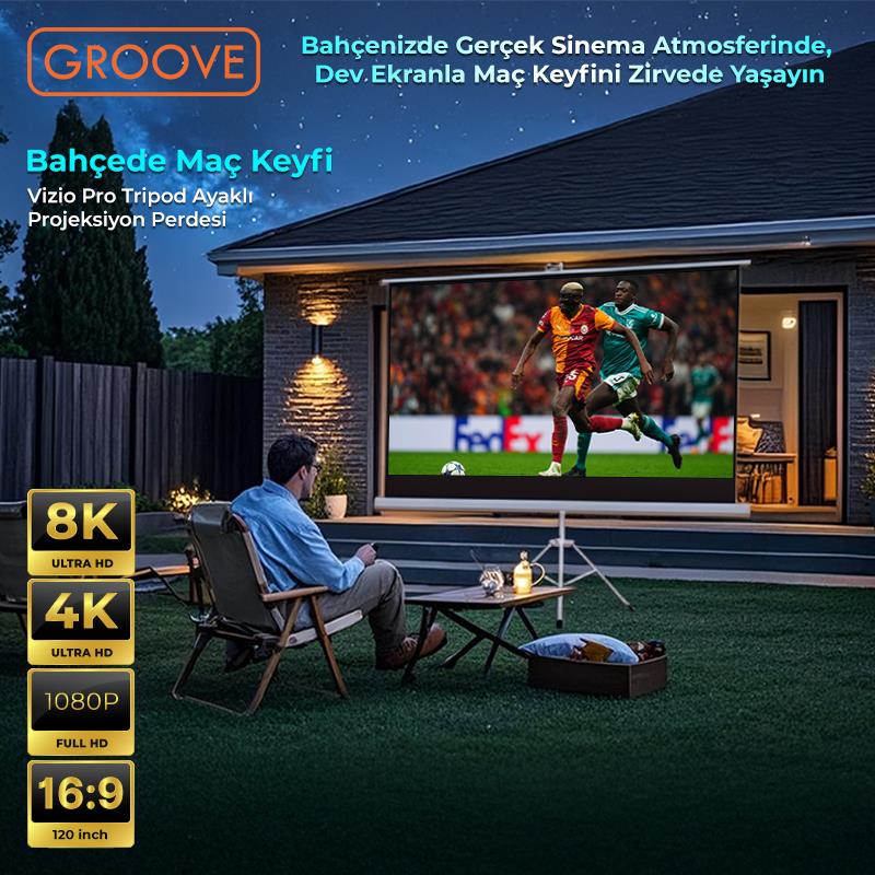 Groove Vizio Pro 120¨Inch 265x150cm Blackout Işık Geçirmez Tripod Ayaklı Projeksiyon Perdesi +Taşınabilir+Canlı Renkler+Göz Koruması+Leke Tutmaz Projector