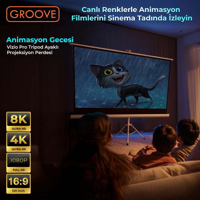 Groove Vizio Pro 120¨Inch 265x150cm Blackout Işık Geçirmez Tripod Ayaklı Projeksiyon Perdesi +Taşınabilir+Canlı Renkler+Göz Koruması+Leke Tutmaz Projector