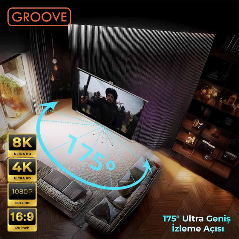Groove Vizio Pro 120¨Inch 265x150cm Blackout Işık Geçirmez Tripod Ayaklı Projeksiyon Perdesi +Taşınabilir+Canlı Renkler+Göz Koruması+Leke Tutmaz Projector