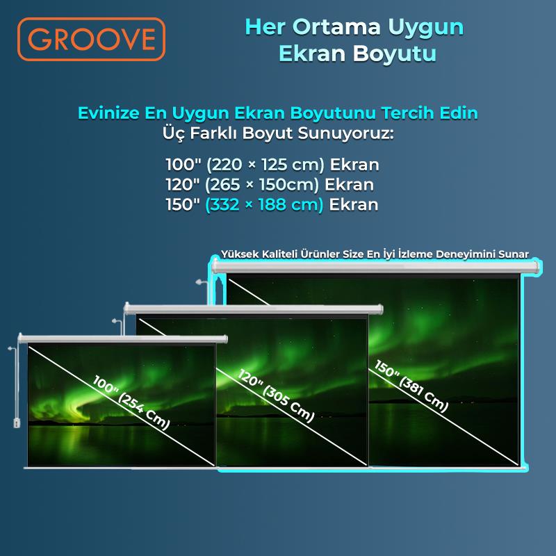 Groove Vizio Pro 150¨ Inch Blackout Işık Geçirmez Elektrikli Otomatik Kumandalı Projeksiyon Perdesi 332x188cm +Motorlu+Canlı Renkler+Göz Koruması+Leke Tutmaz Projector