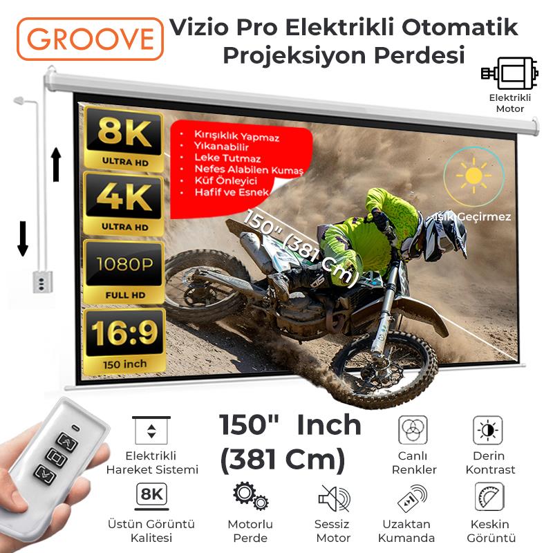 Groove Vizio Pro 150¨ Inch Blackout Işık Geçirmez Elektrikli Otomatik Kumandalı Projeksiyon Perdesi 332x188cm +Motorlu+Canlı Renkler+Göz Koruması+Leke Tutmaz Projector