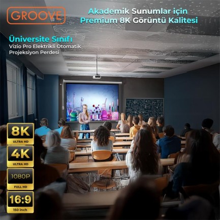 Groove Vizio Pro 150¨ Inch Blackout Işık Geçirmez Elektrikli Otomatik Kumandalı Projeksiyon Perdesi 332x188cm +Motorlu+Canlı Renkler+Göz Koruması+Leke Tutmaz Projector - Thumbnail