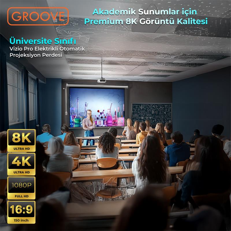 Groove Vizio Pro 150¨ Inch Blackout Işık Geçirmez Elektrikli Otomatik Kumandalı Projeksiyon Perdesi 332x188cm +Motorlu+Canlı Renkler+Göz Koruması+Leke Tutmaz Projector