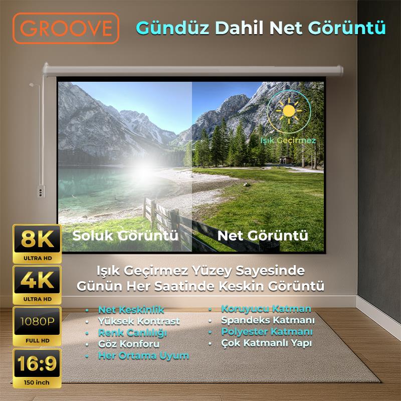 Groove Vizio Pro 150¨ Inch Blackout Işık Geçirmez Elektrikli Otomatik Kumandalı Projeksiyon Perdesi 332x188cm +Motorlu+Canlı Renkler+Göz Koruması+Leke Tutmaz Projector