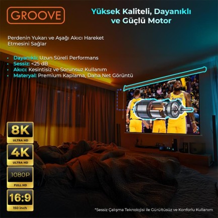 Groove Vizio Pro 150¨ Inch Blackout Işık Geçirmez Elektrikli Otomatik Kumandalı Projeksiyon Perdesi 332x188cm +Motorlu+Canlı Renkler+Göz Koruması+Leke Tutmaz Projector - Thumbnail