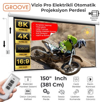 GROOVE - Groove Vizio Pro 150¨ Inch Blackout Işık Geçirmez Elektrikli Otomatik Kumandalı Projeksiyon Perdesi 332x188cm +Motorlu+Canlı Renkler+Göz Koruması+Leke Tutmaz Projector