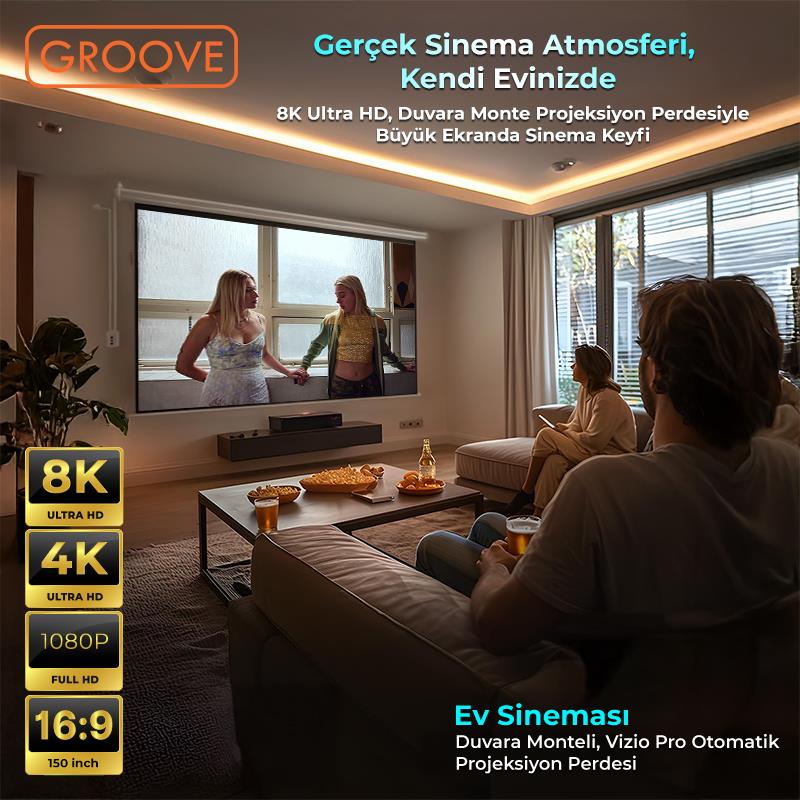 Groove Vizio Pro 150¨ Inch Blackout Işık Geçirmez Elektrikli Otomatik Kumandalı Projeksiyon Perdesi 332x188cm +Motorlu+Canlı Renkler+Göz Koruması+Leke Tutmaz Projector